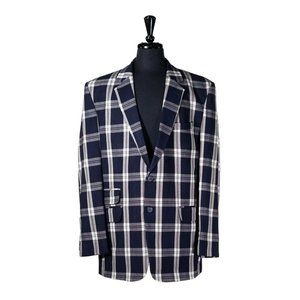 Mens Blazer Blue White Plaid Check Wool Dress Formal Suit Jacket Sport Coat 44R